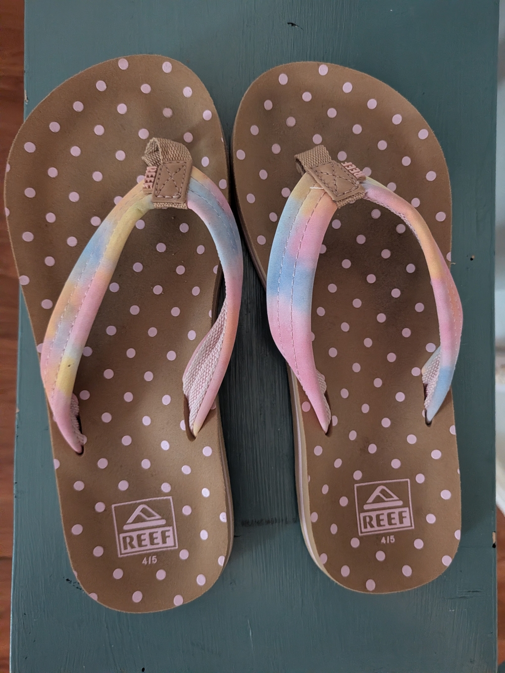 Reef Brown Polka Dot Flip Flops with Pastel Rainbow Straps